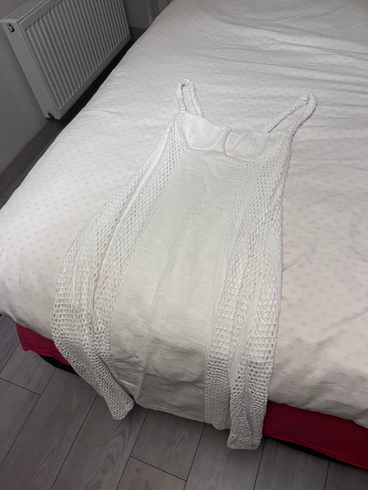 Beyaz Keten Kadın Bohem Drapeli Elbise - Görsel 4