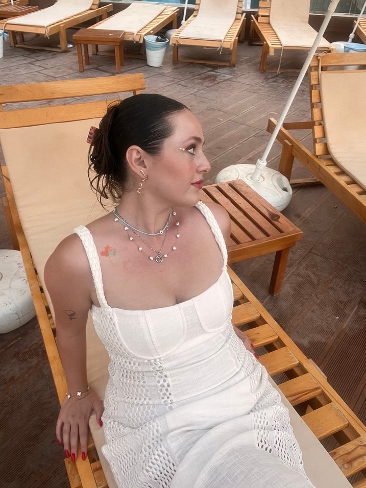 Beyaz Keten Kadın Bohem Drapeli Elbise - Görsel 3