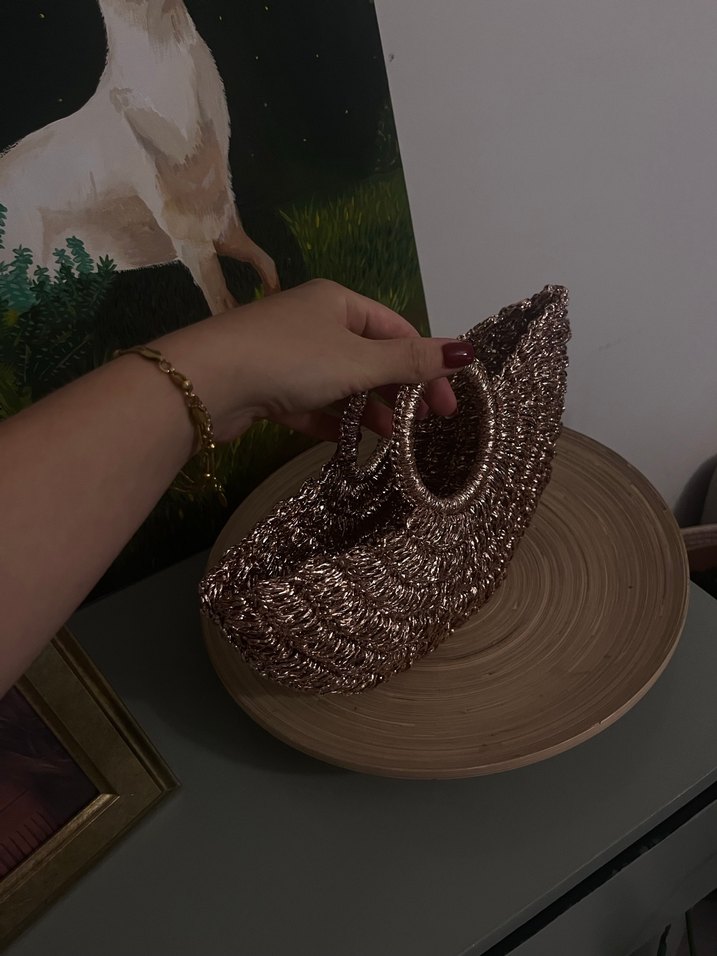 Rose gold Parlak Örgü Bohem Çanta - Görsel 3