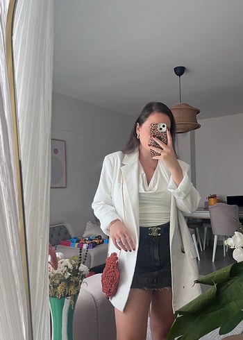 Yılan Baskılı Beyaz Mini Deri Blazer