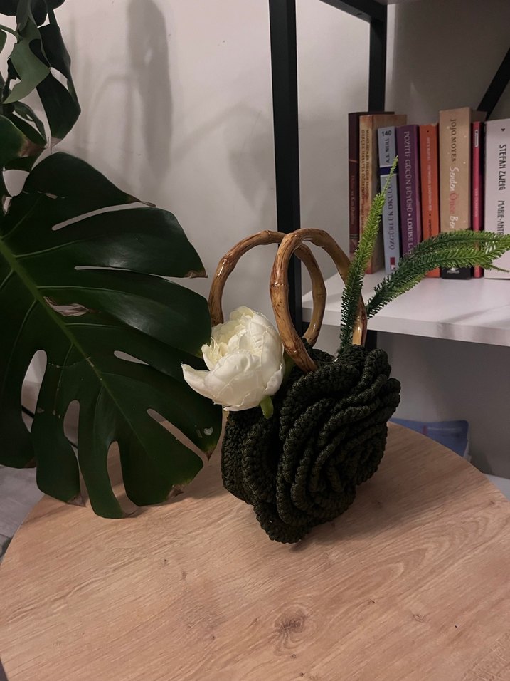 Örgü Kadın Çanta - Yeşil Çiçek Desenli - Görsel 2