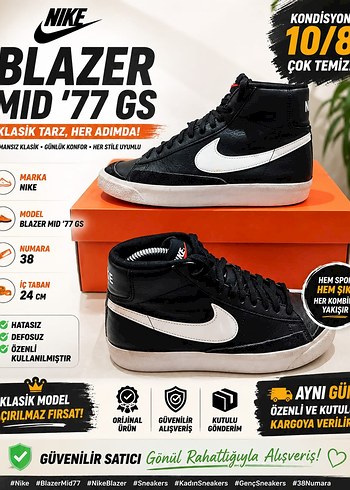 Nike Blazer Mid 77 Gs Siyah Beyaz Retro Sneaker