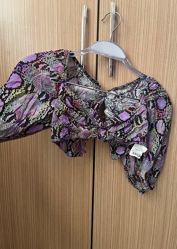 36 Beden Mor Yılan Desenli Bohem Mini Bluz