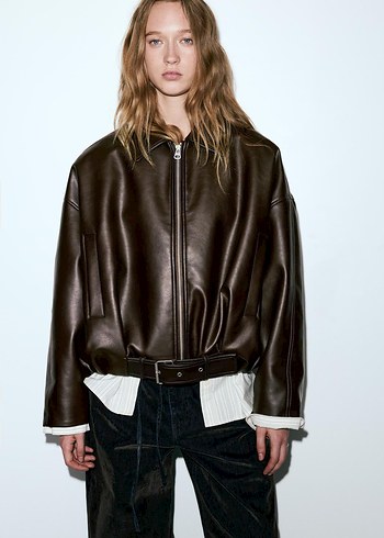 pullandbear viral Kahverengi Deri Ceket - Görsel 4