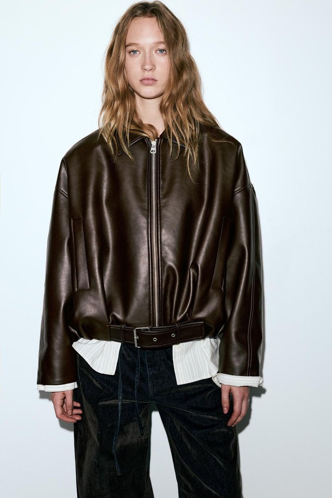 pullandbear viral  Kahverengi Deri Ceket - Görsel 4