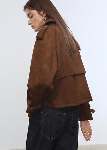 Stradivarius Kısa suni süet trençkot - Görsel 5