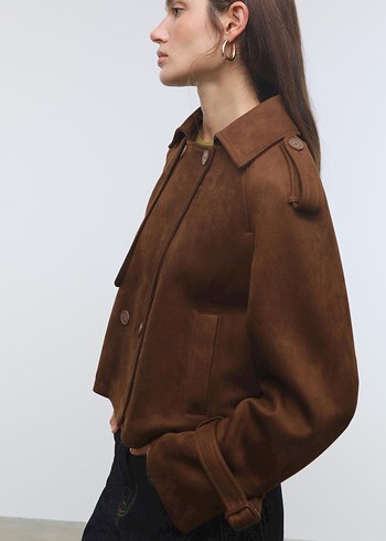 Stradivarius Kısa suni süet trençkot - Görsel 4