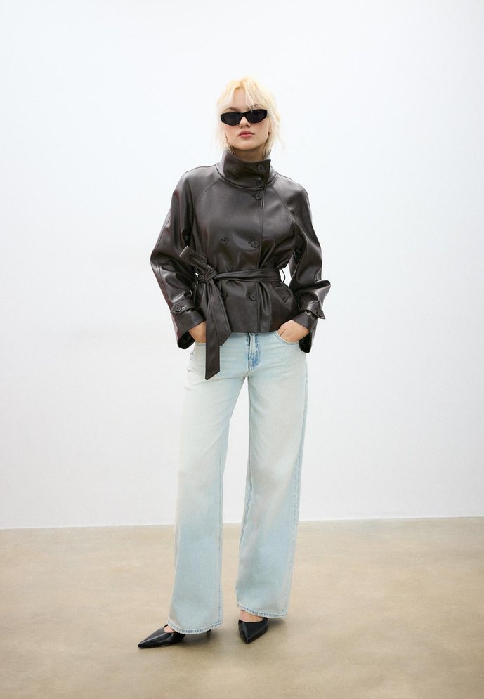 Stradivarius Dik yaka suni deri trençkot - Görsel 5