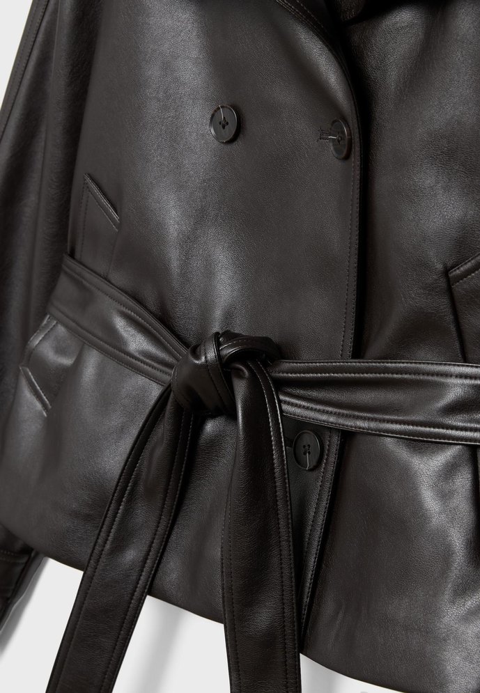 Stradivarius Dik yaka suni deri trençkot - Görsel 3