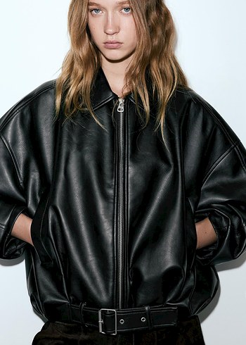 pullandbear viral Siyah Kemerli Biker Deri Ceket - Görsel 2