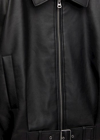 pullandbear Viral Siyah Kemerli Deri Biker Ceket - Görsel 5