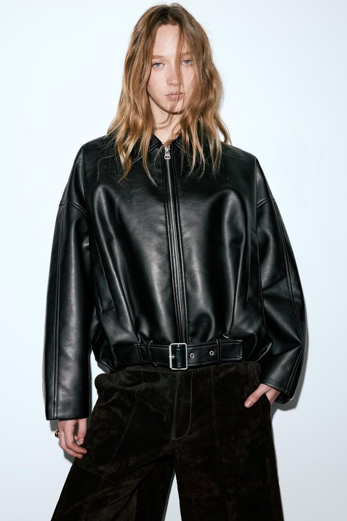 pullandbear Viral Siyah Kemerli Deri Biker Ceket - Görsel 4