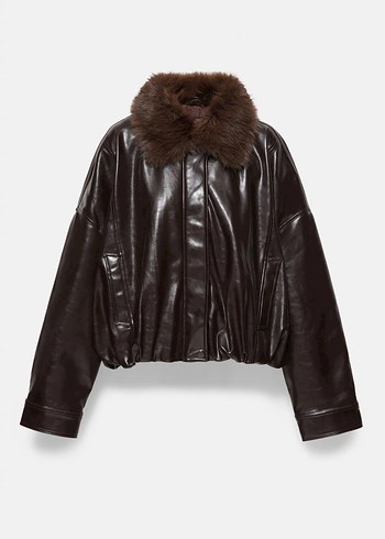 Pull and Bear Pullandbear Suni Deri Kurk Yakali Bomber Ceket