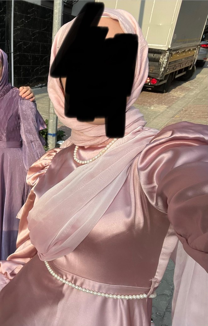 Pudra Pembe Saten Uzun Elbise - Görsel 2