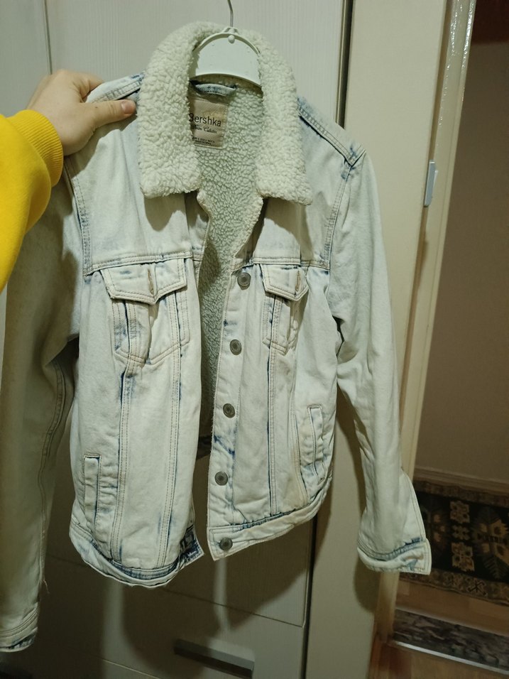 Düğmeli Beyaz  tüylü Kot Ceket, - Görsel 3