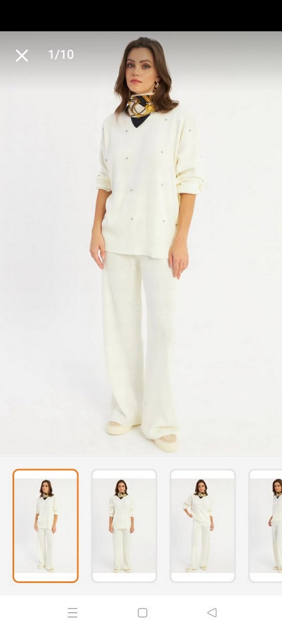 Beyaz V Yakalı Uzun Kollu alt üst takım triko - Görsel 3