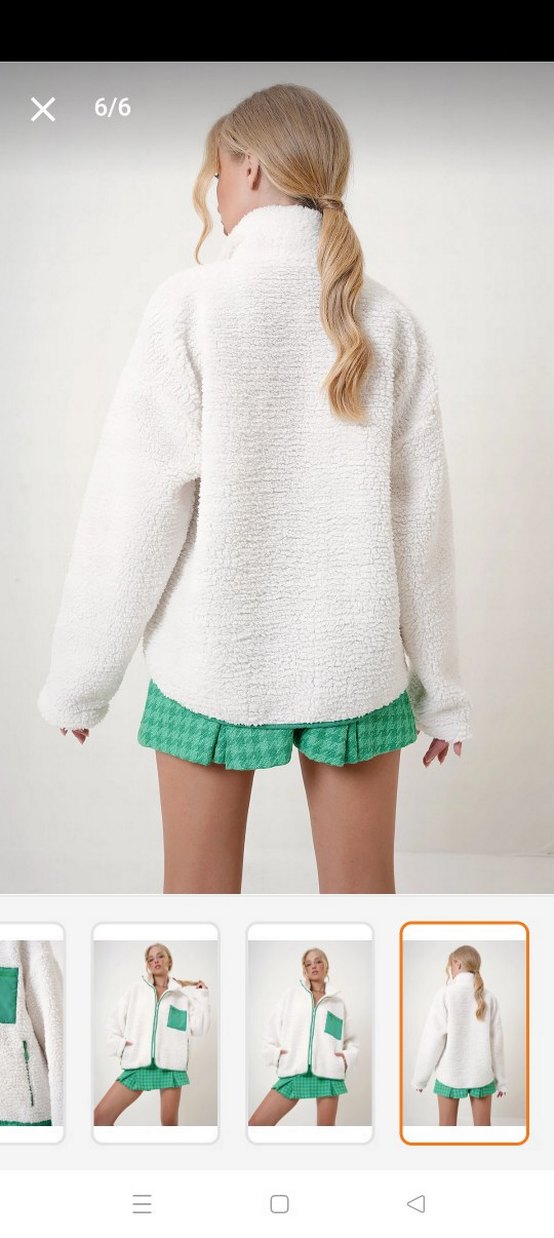 Beyaz Kısa Peluş Fermuarlı Ceket - Görsel 3