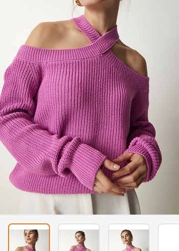 Pembe Straplez Örgü Kadın Kazak - Görsel 2