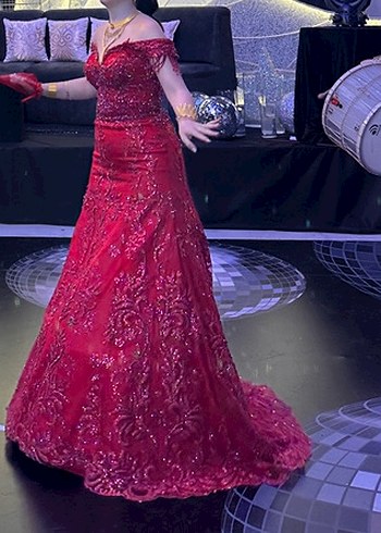 Diğer Kırmızı Uzun Kollu Henna Elbise kanaviçe