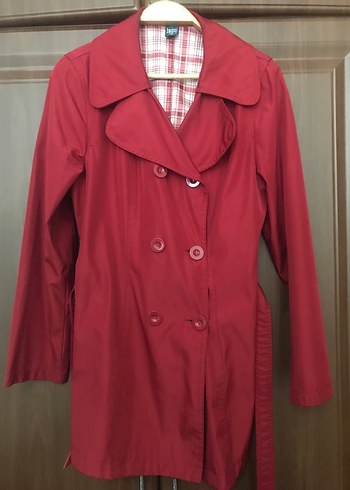 Düğmeli Kırmızı Midi Trençkot - Görsel 2