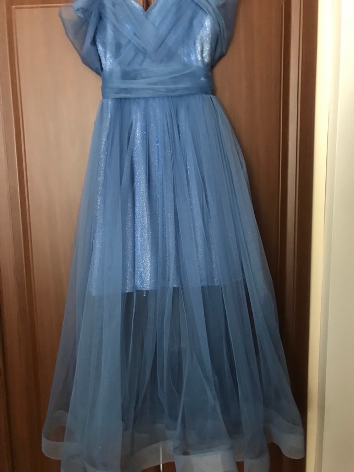 Mavi Uzun Drapeli Kız çocuk Elbise - Görsel 3