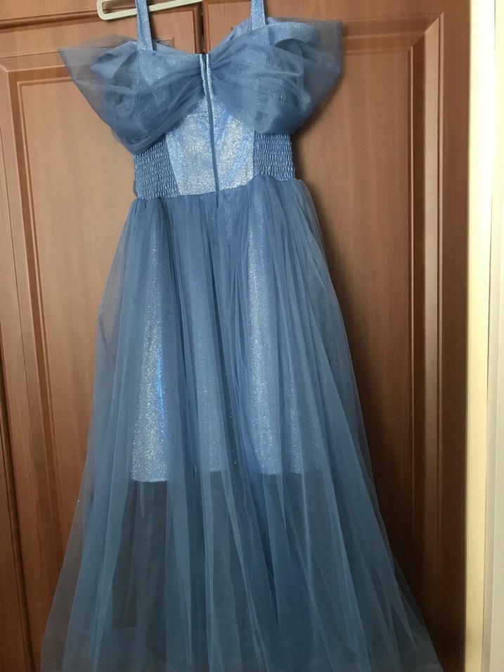 Mavi Uzun Drapeli Kız çocuk Elbise - Görsel 2