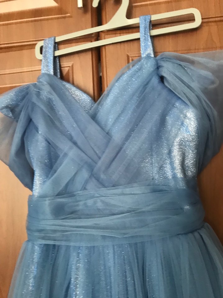 Mavi Uzun Drapeli Kız çocuk Elbise - Görsel 5