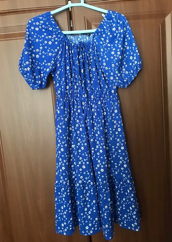 Mavi Çiçek Desenli Salaş Midi Elbise - Görsel 3