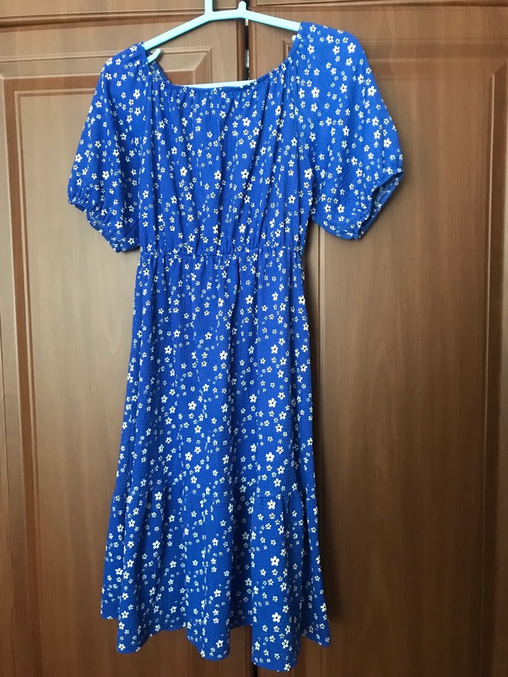 Mavi Çiçek Desenli Salaş Midi Elbise - Görsel 5