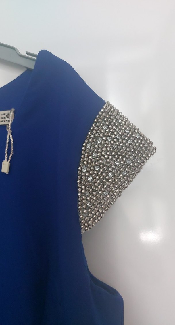 Mavi V Yakalı Payetli Midi Elbise - Görsel 3