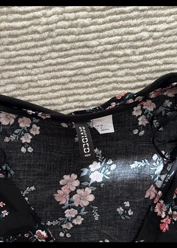 H&M Siyah Çiçekli Uzun Kollu Midi Elbise