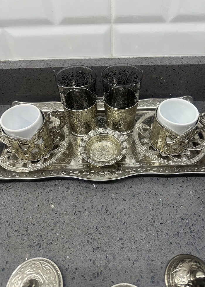 bakır kahve fincanları tepsi ve kahve yanı su bardağı - Görsel 2