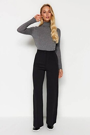 Trendyolmilla Siyah nervürlü yüksek bel straight fit pantolon
