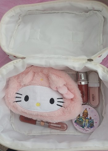 Pamuklu Beyaz Kiraz Desenli Makyaj Çantası - Görsel 3