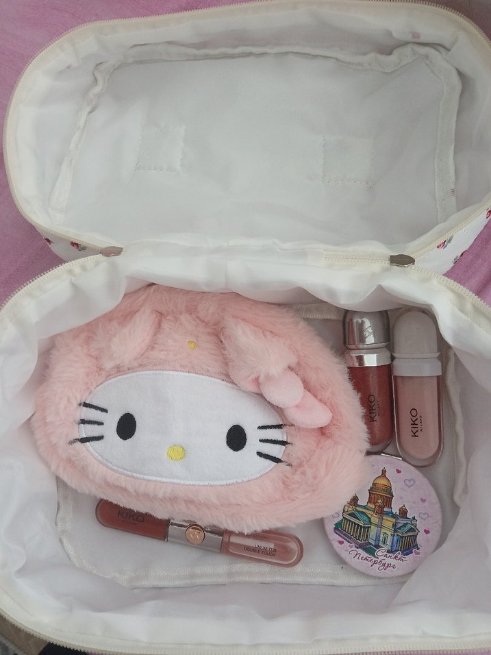 Pamuklu Beyaz Kiraz Desenli Makyaj Çantası - Görsel 3