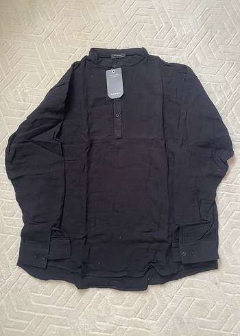 Düğmeli Siyah Erkek Keten gömlek - Görsel 3