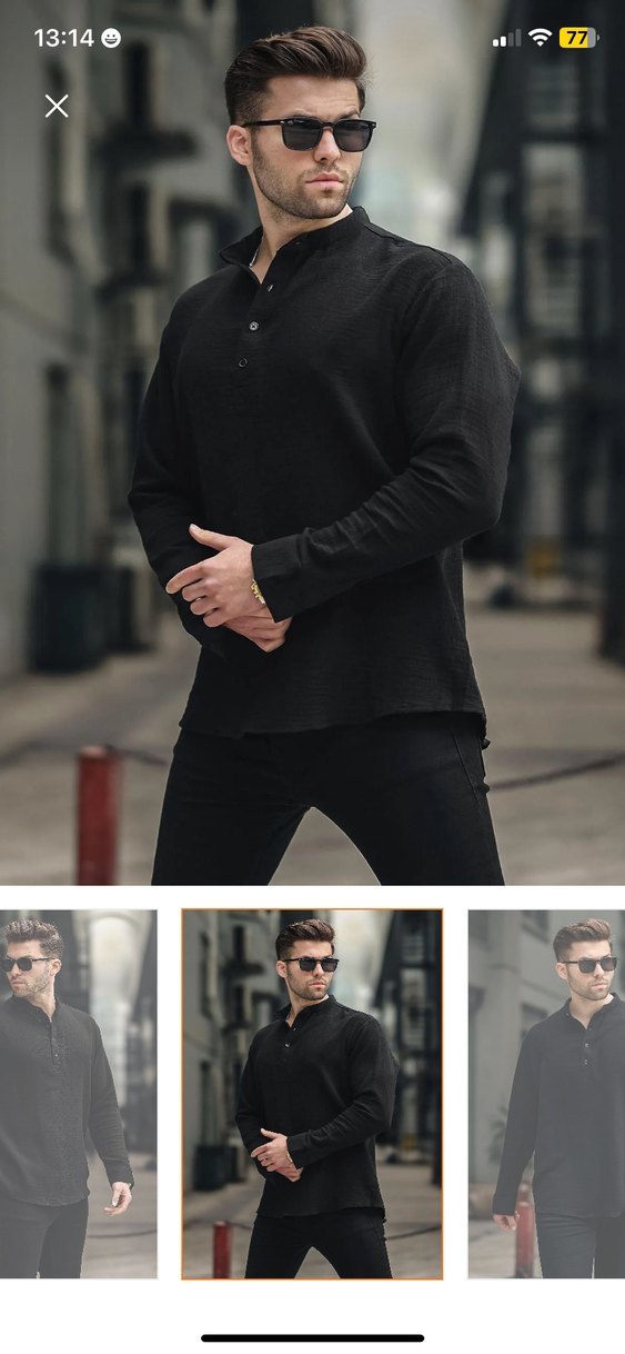 Düğmeli Siyah Erkek Keten gömlek - Görsel 2