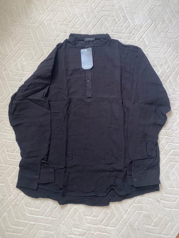 Düğmeli Siyah Erkek Keten gömlek - Görsel 4