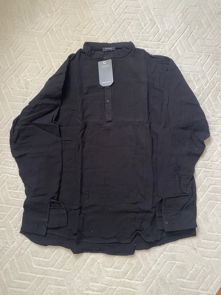 Düğmeli Siyah Erkek Keten gömlek - Görsel 3