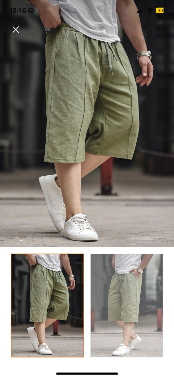 Erkek Haki Keten Belden Bağlamalı Şort - Görsel 2