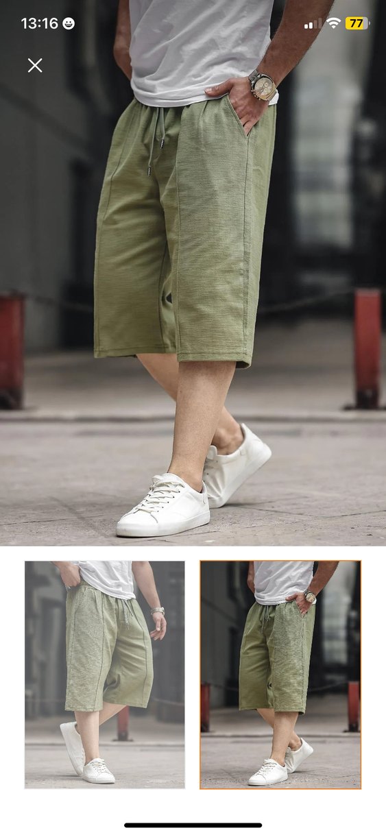 Erkek Haki Keten Belden Bağlamalı Şort - Görsel 3