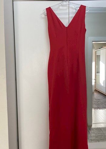 Kırmızı Drapeli V Yaka Midi Elbise - Görsel 3