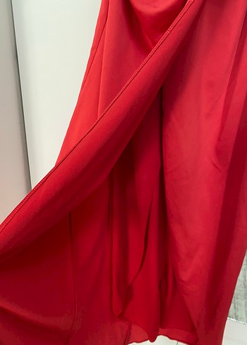 Kırmızı Drapeli V Yaka Midi Elbise - Görsel 5