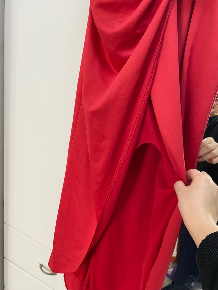 Kırmızı Drapeli V Yaka Midi Elbise - Görsel 4