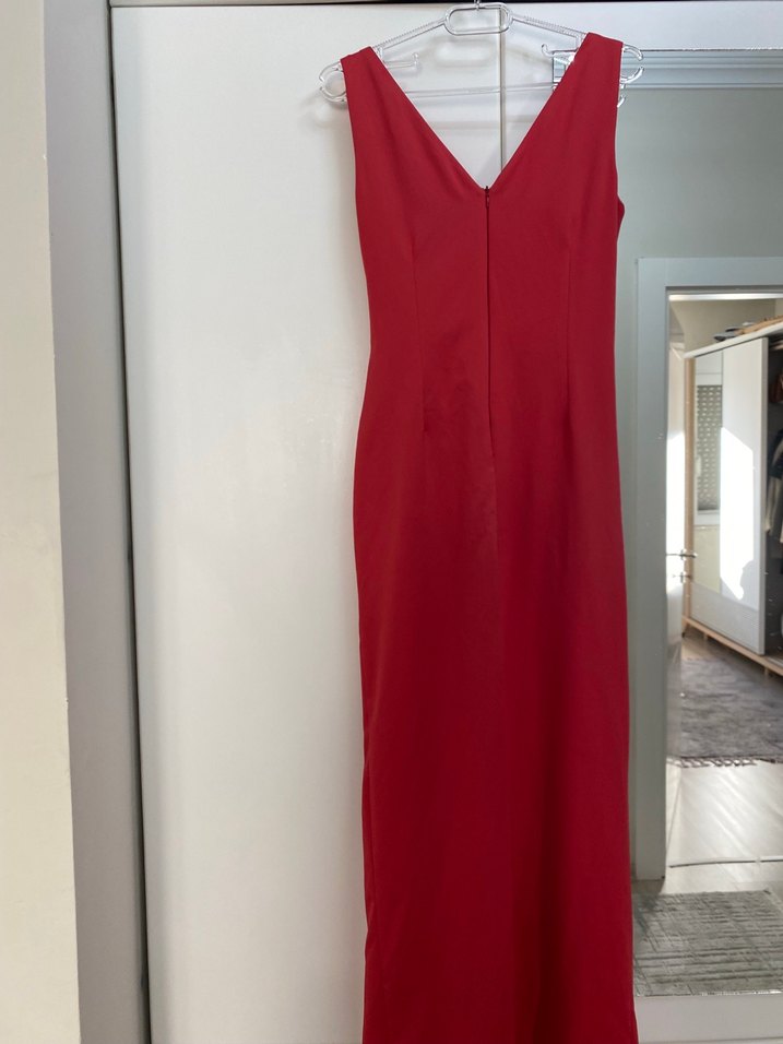 Kırmızı Drapeli V Yaka Midi Elbise - Görsel 3