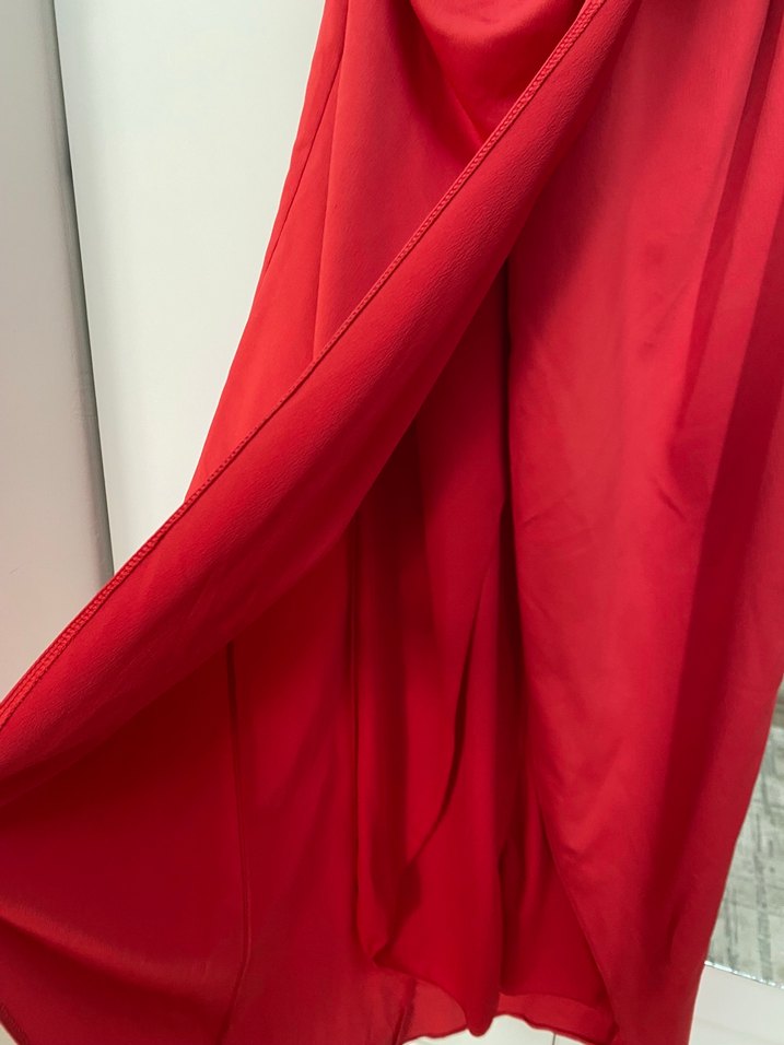 Kırmızı Drapeli V Yaka Midi Elbise - Görsel 5