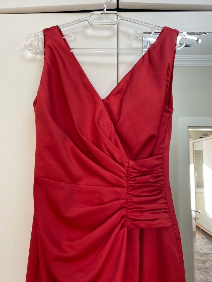Kırmızı Drapeli V Yaka Midi Elbise - Görsel 2