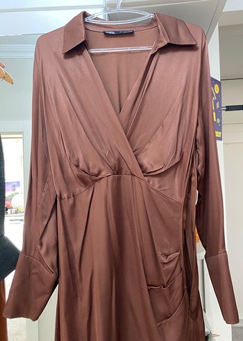 Kahverengi V Yaka Mini Kadın Elbise - Görsel 3