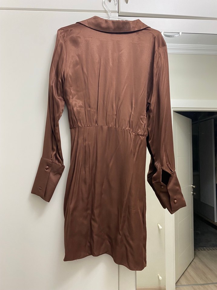 Kahverengi V Yaka Mini Kadın Elbise - Görsel 2