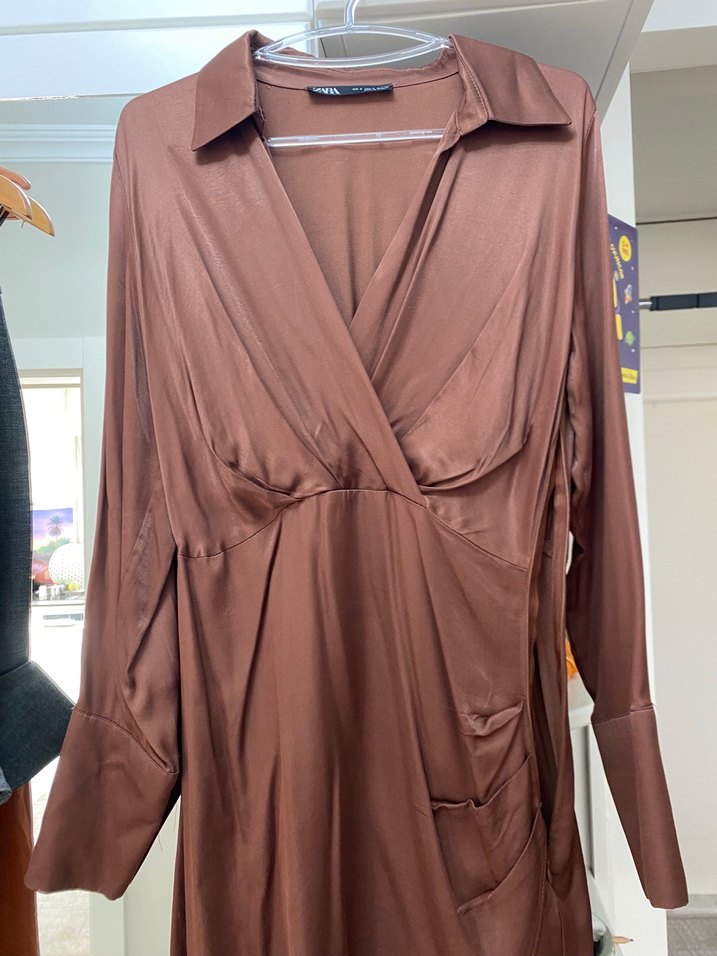 Kahverengi V Yaka Mini Kadın Elbise - Görsel 3